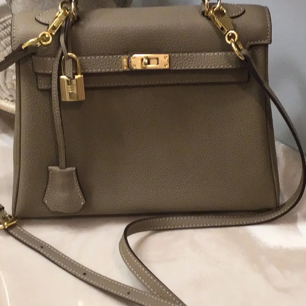New Elegant Taupe Designer Inspired Satchel Bag with crossbody strap. - Picture 3 of 12